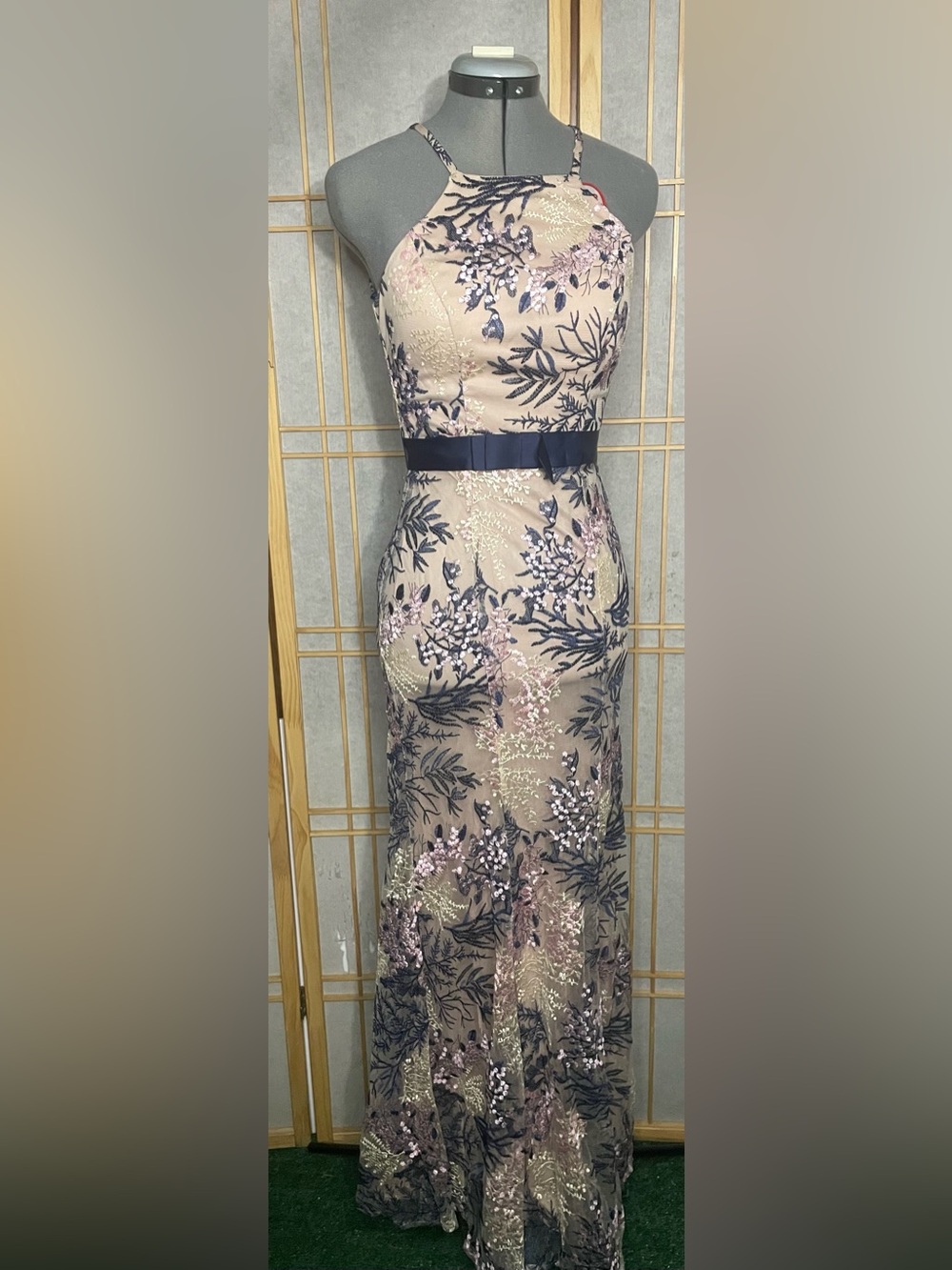 City Triangles Blush Pink Maxi Dress with Navy Floral Embroidery